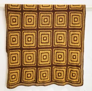 70s Brown Mustard Autumn Crochet Afghan Blanket Granny Square Fall Handmade Thin